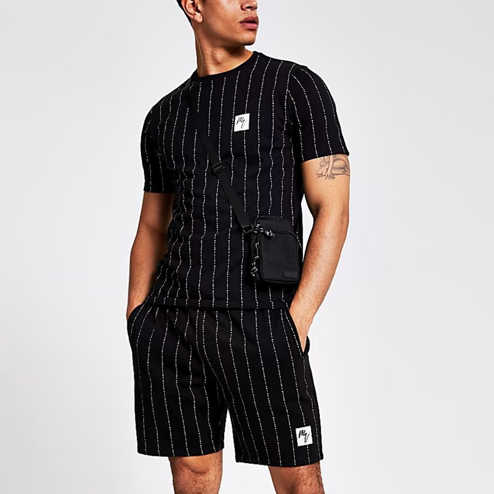 River Island Men Black 'Maison Riviera' Stripe Print Jersey Shorts